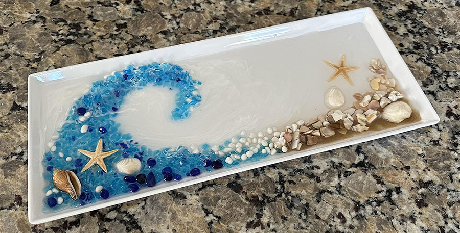 crushed glass, shells, starfish resin Charcuterie Tray Paint and Sip